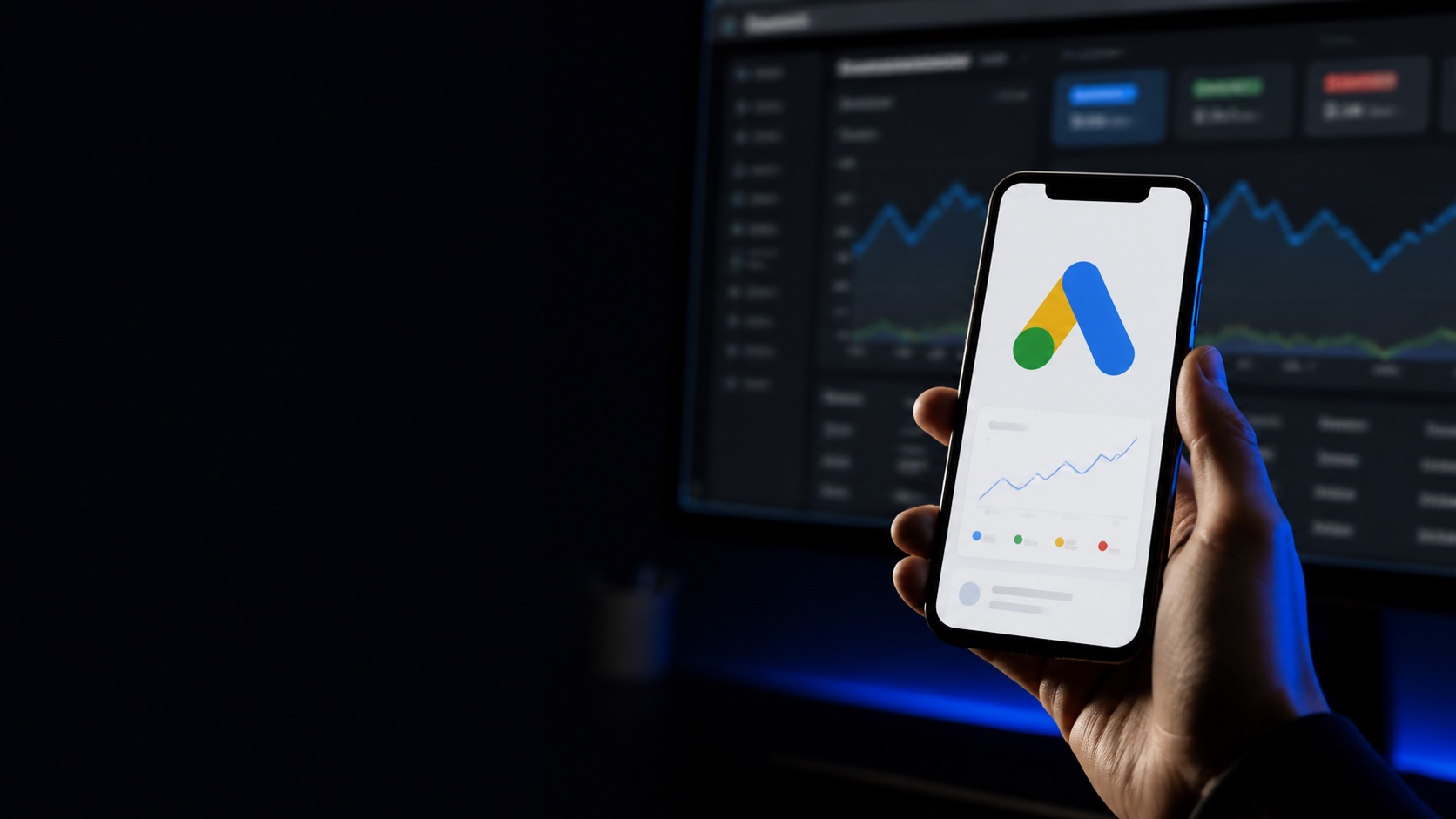Smartphone displaying paid search campaign analytics in front of a performance dashboard