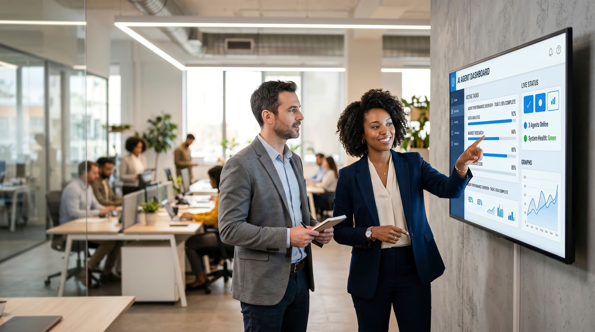 Business team reviewing an AI analytics dashboard in an office
