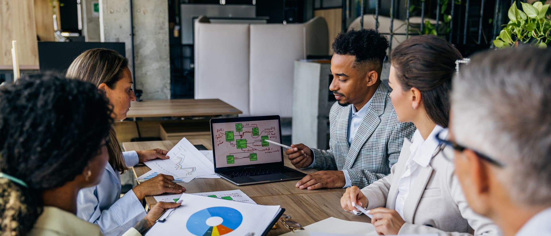 Business team reviewing a content performance dashboard