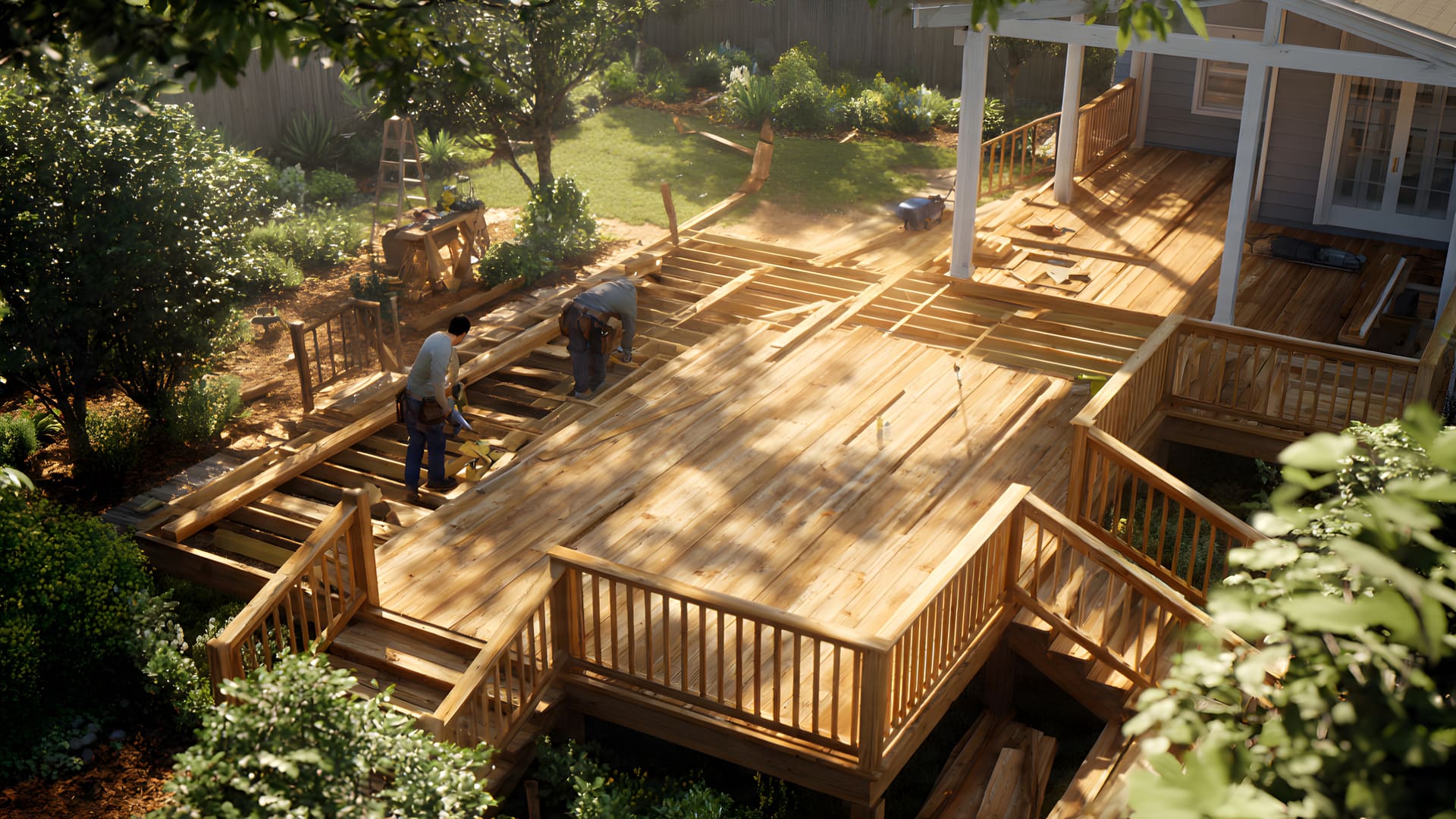 Contractors building a wooden deck in a residential backyard