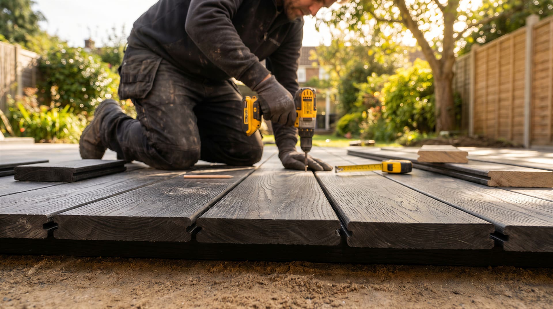 Deck builder fastening boards in a backyard