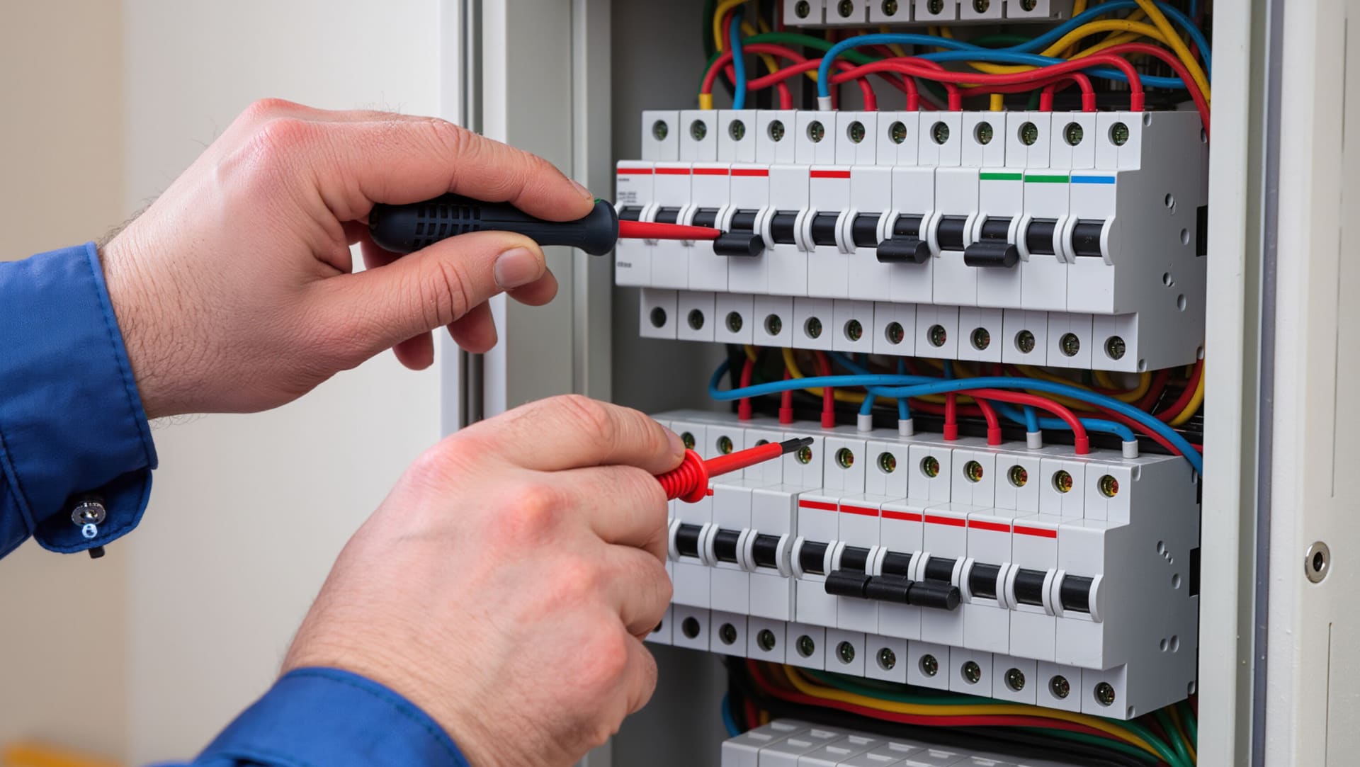 Electrician testing wiring inside a residential breaker panel