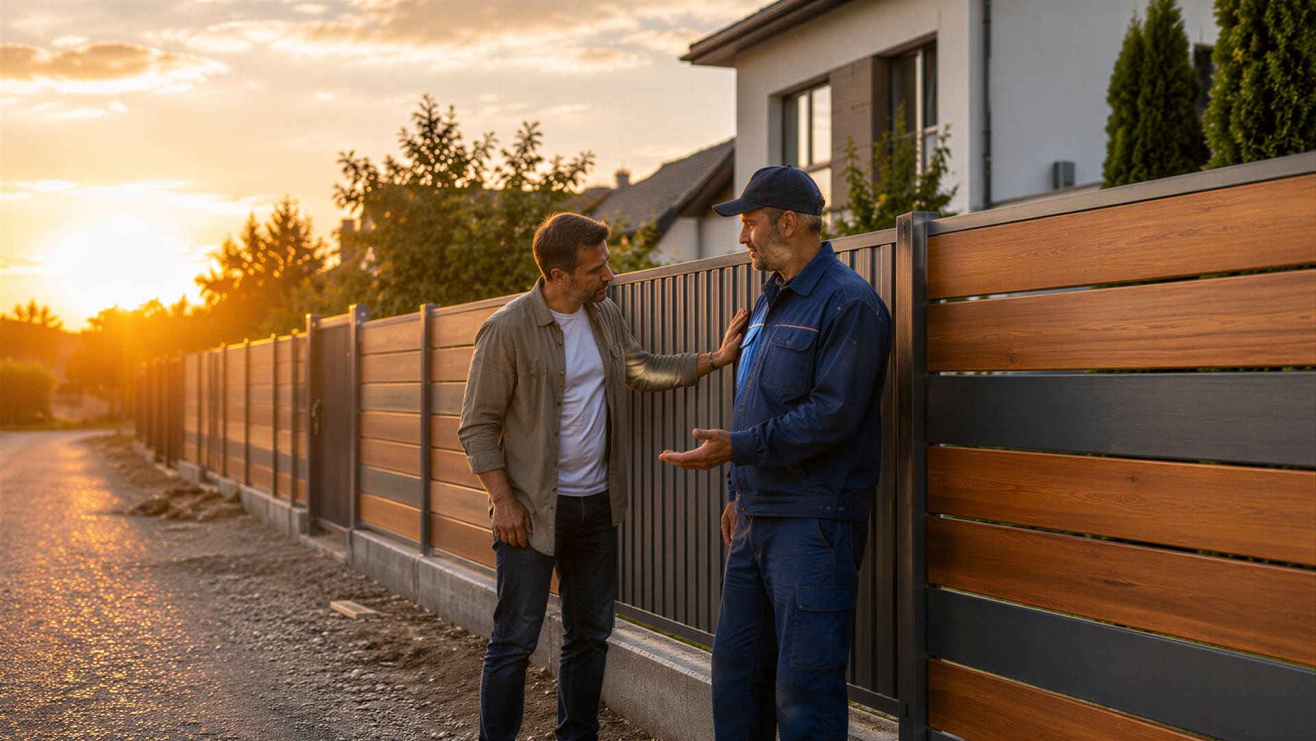 Homeowner speaking with a contractor beside a new fence