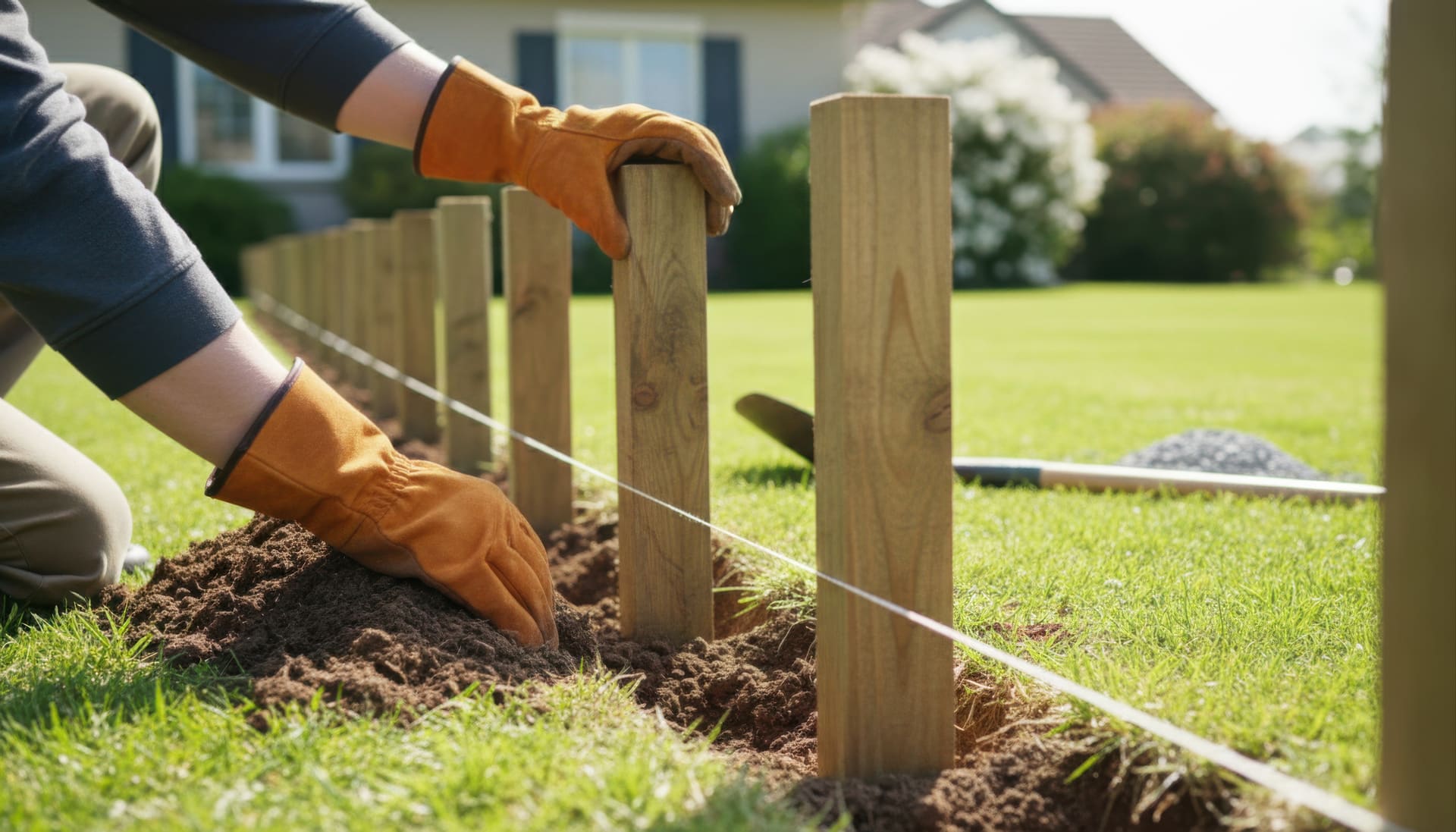 Fence installer setting posts along a residential property