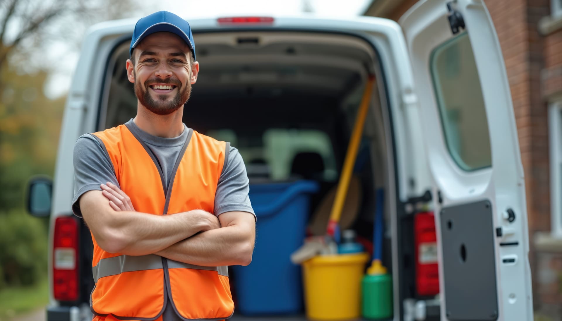 Home-service technician standing beside a stocked service vehicle