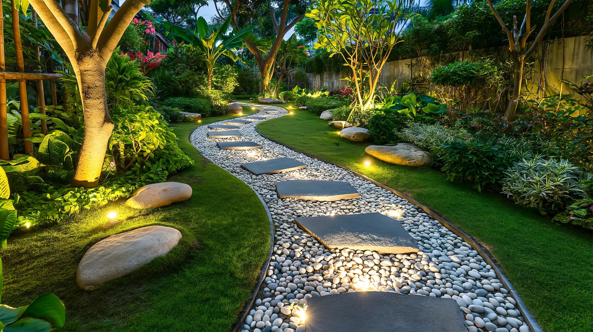 Professionally landscaped garden with an illuminated stone walkway