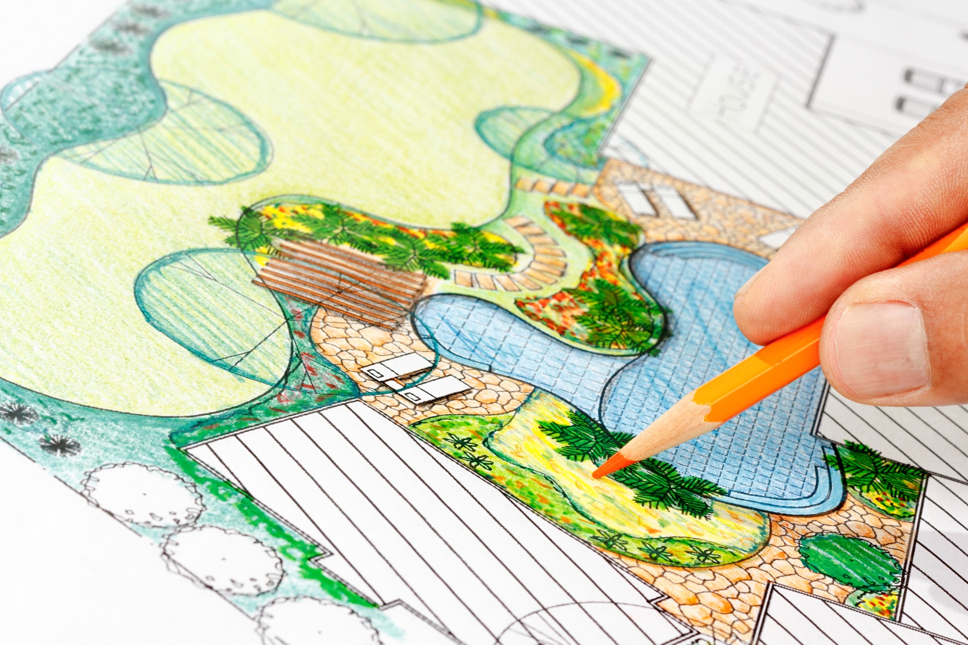Landscape architect drawing a detailed backyard plan