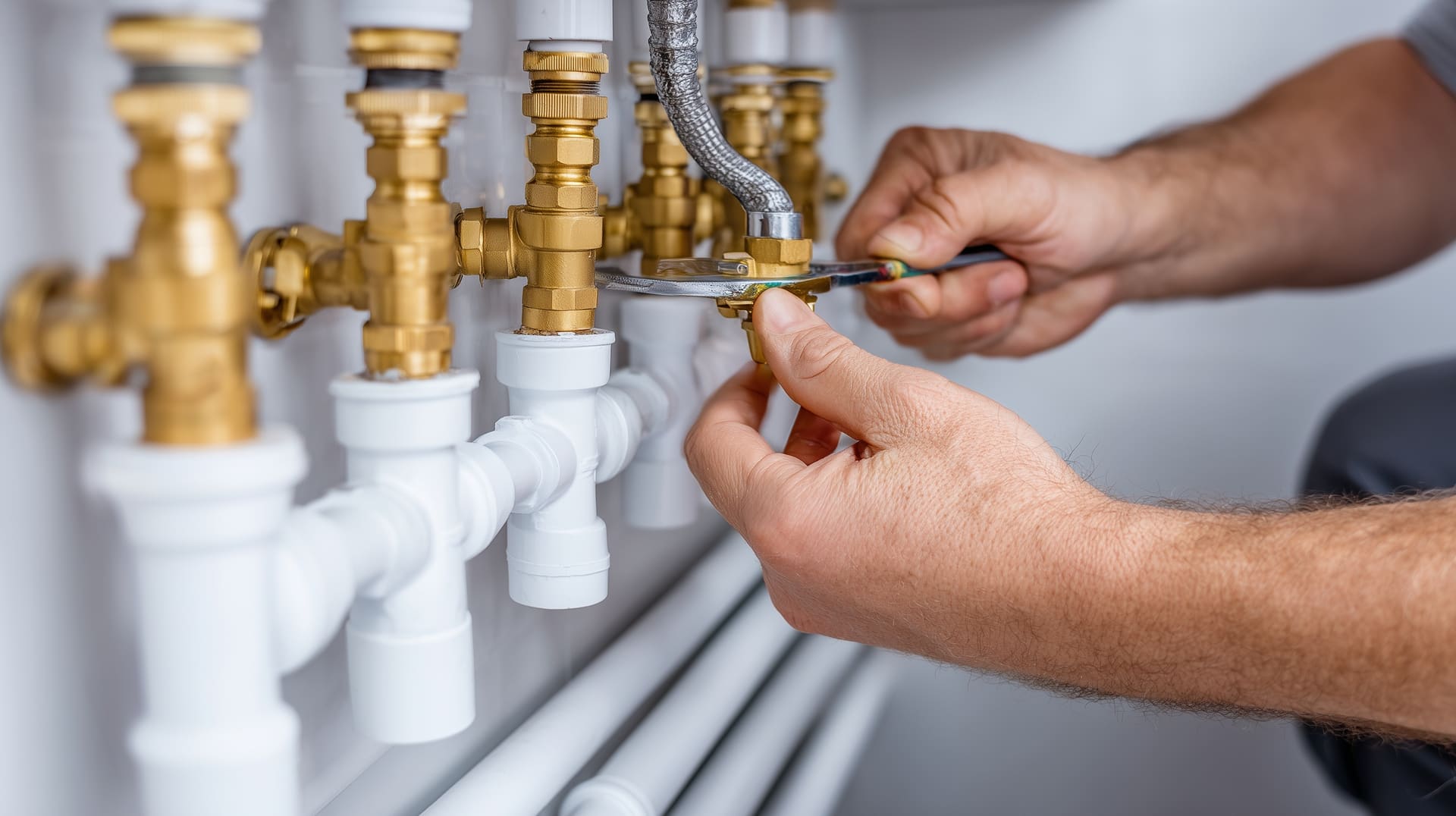 Plumber tightening fittings on residential water lines