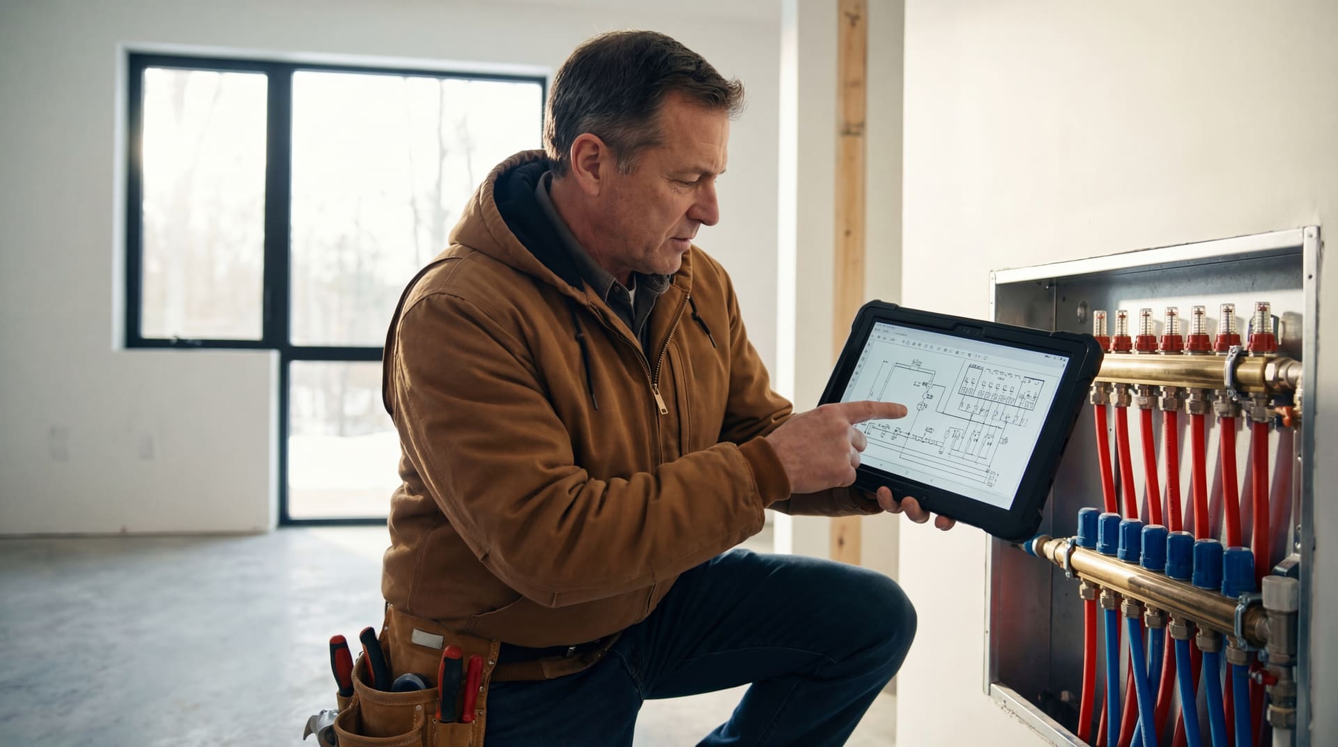 Plumber reviewing a radiant-floor heating system on a tablet