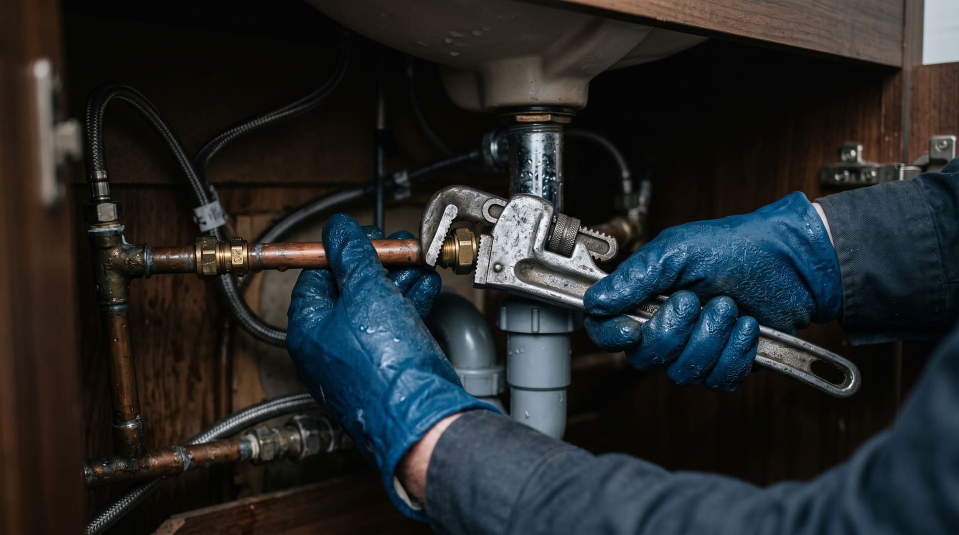Plumber repairing pipes beneath a residential sink