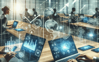 Modern professional workspace showing digital growth strategy tools and charts with tech devices.