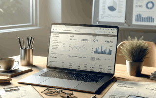 Photorealistic workspace showing paid search analytics data on laptop and report