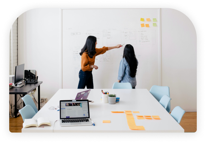 Marketing team planning a strategy on a whiteboard
