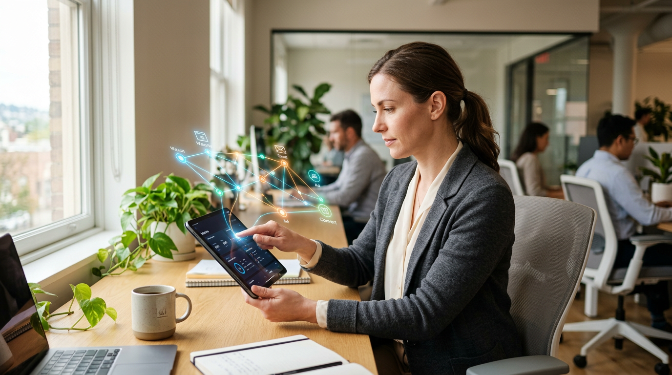 A marketing analyst tracing a path of glowing touchpoint nodes on a tablet in a bright modern office