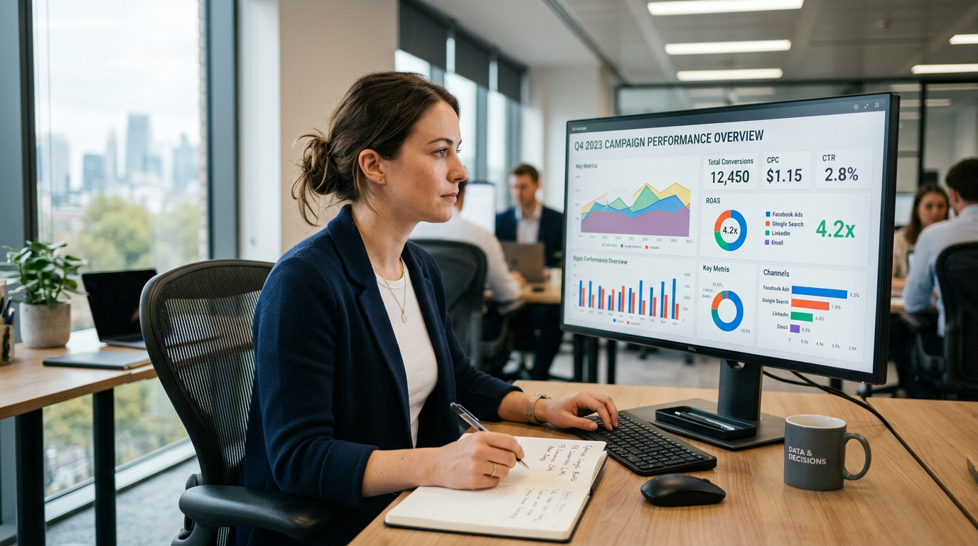 a marketing analyst reviewing multi-channel campaign dashboards on a large office monitor