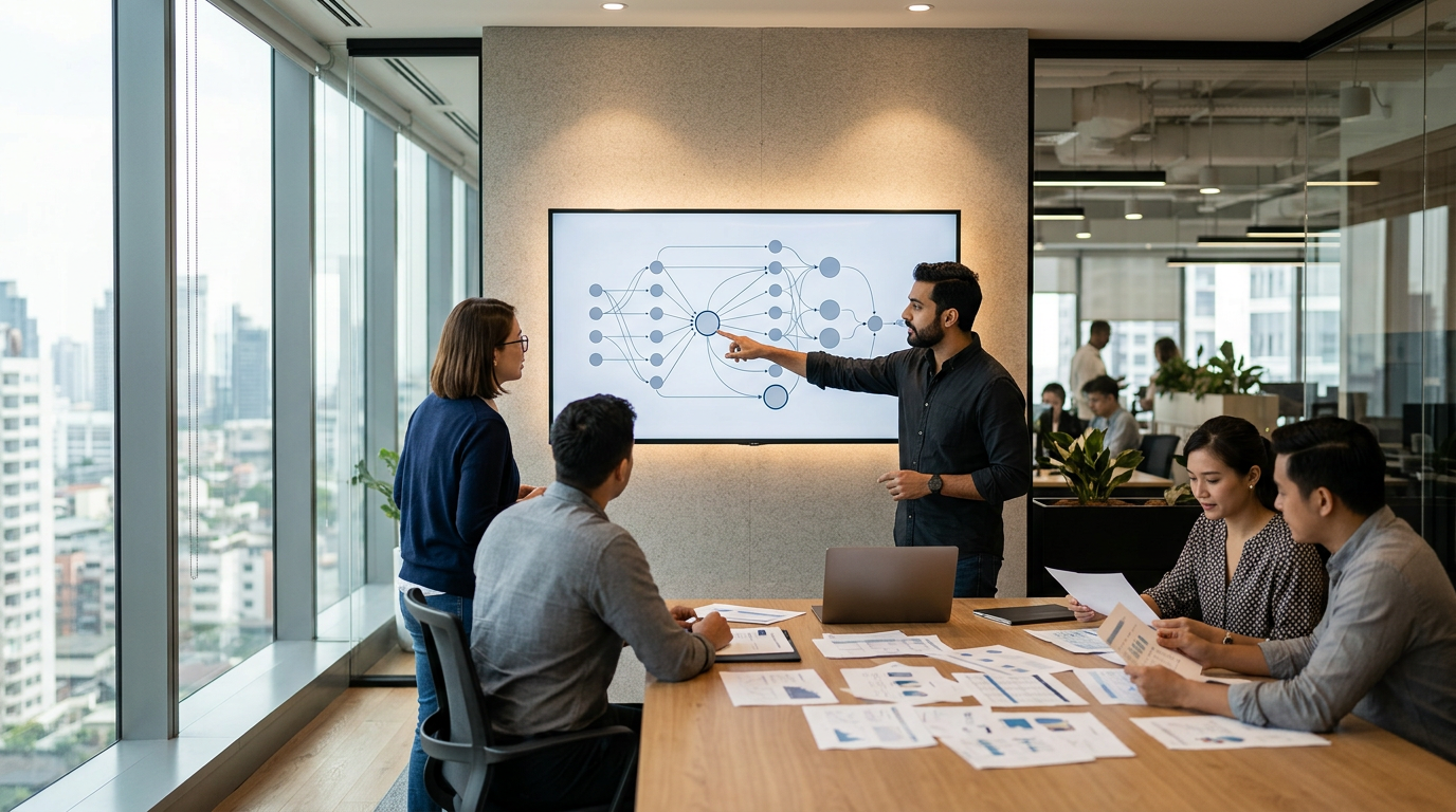 a marketing analyst pointing at a multi-channel attribution flow diagram on a large wall-mounted monitor in a bright office