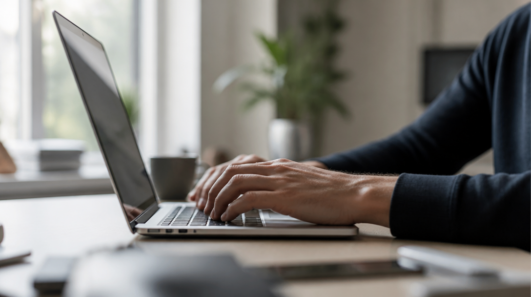 a web developer's hands typing on a laptop keyboard in a sunlit office for schema markup for ai search
