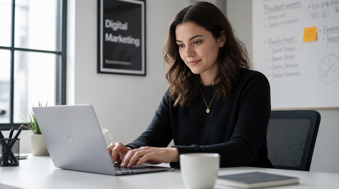 a marketing specialist typing at a laptop in a sunlit modern office
