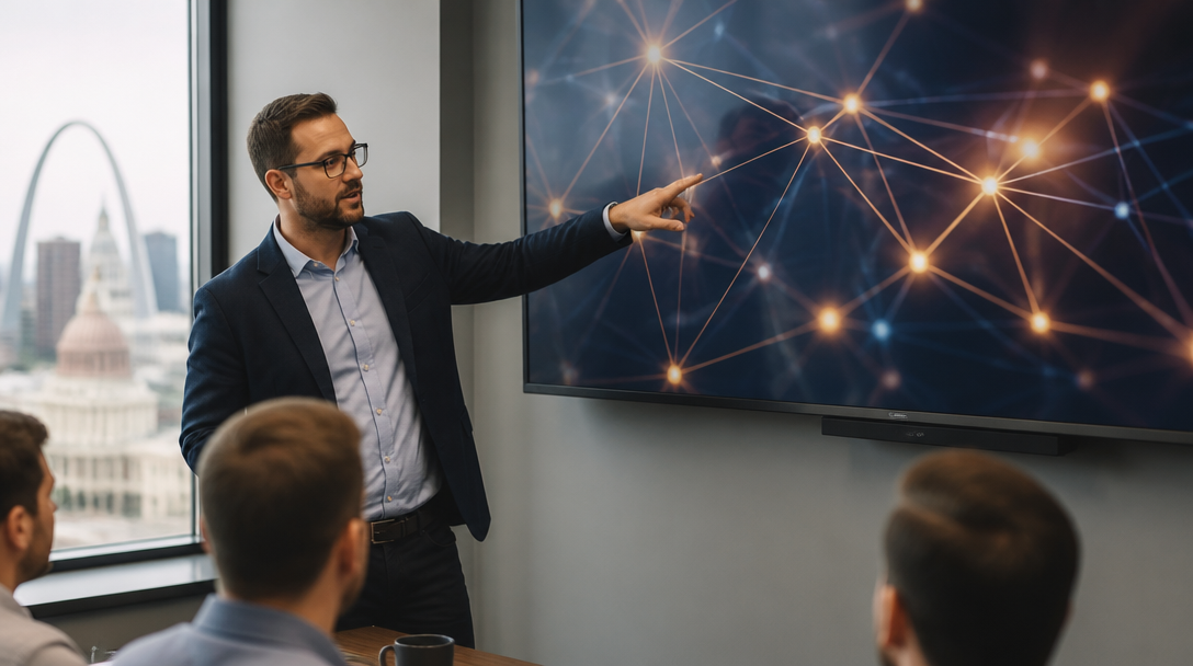 a strategist pointing at a glowing node network graph on an office monitor