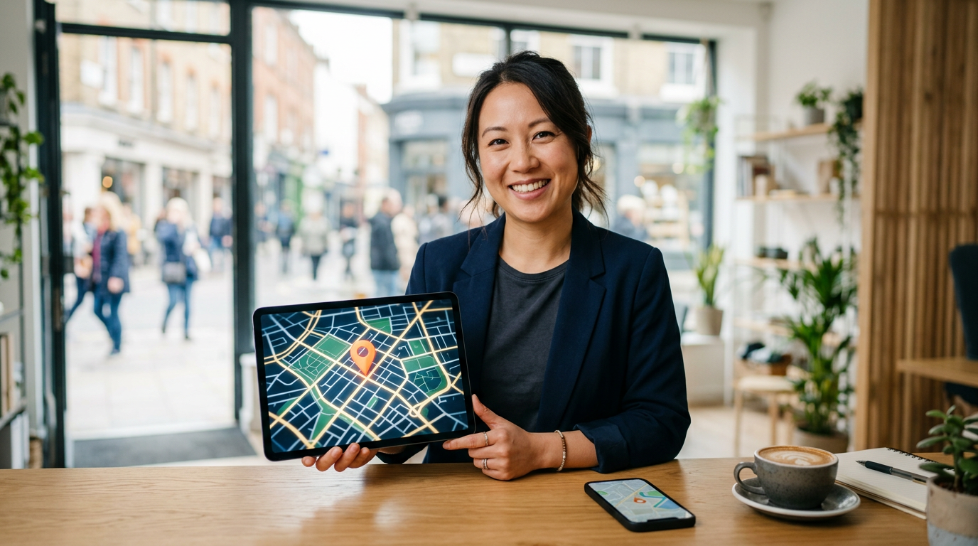 a business owner comparing location maps on a tablet and smartphone in a storefront office