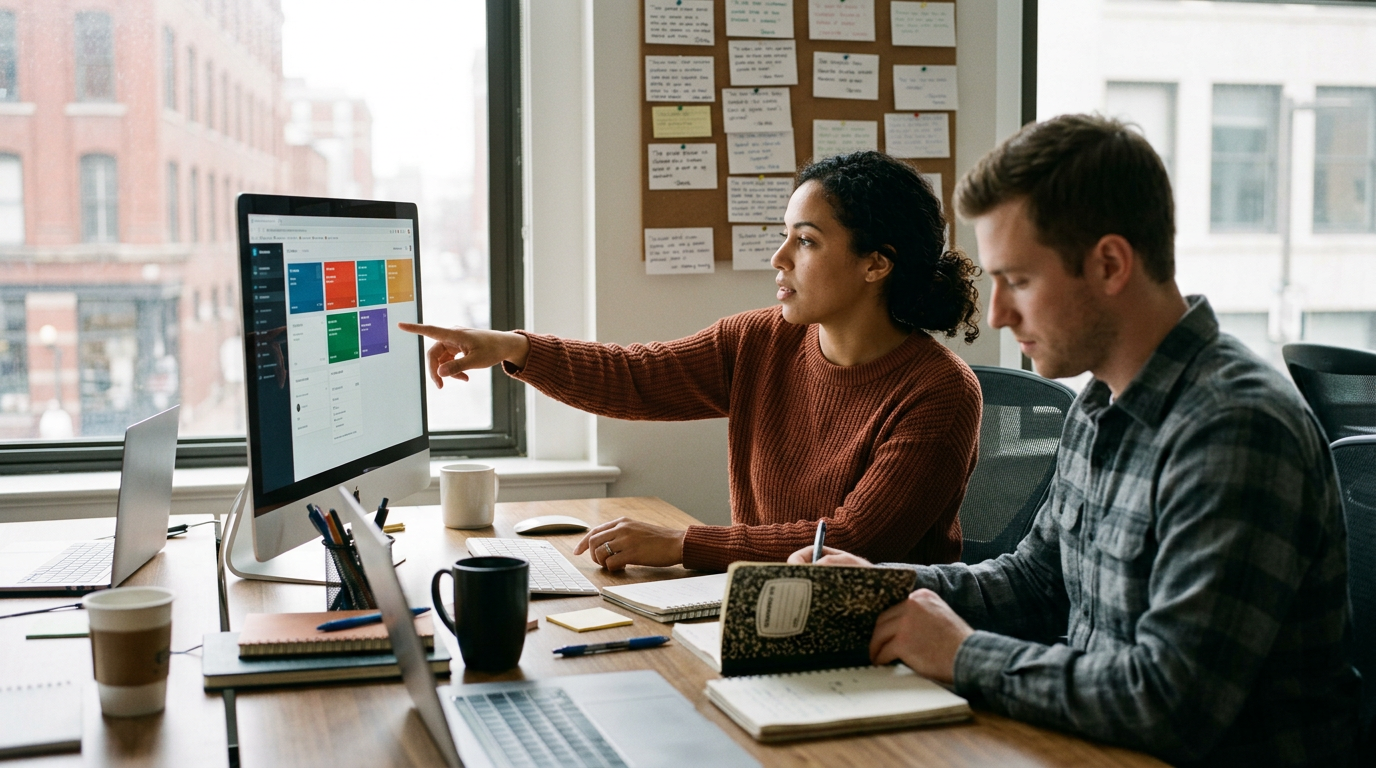 A marketing analyst at two monitors studies customer feedback on screen while a colleague takes notes in a bright for review management