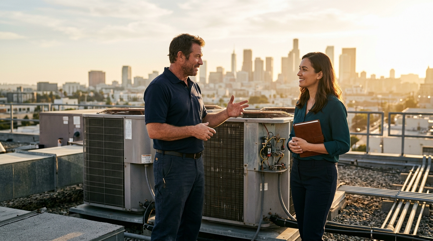an HVAC service owner and a marketing consultant talking on a rooftop beside condenser units in late afternoon light