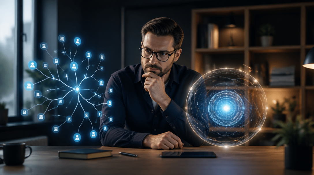 a digital marketer in a modern office studying two glowing holographic search for generative engine optimization vs traditional seo