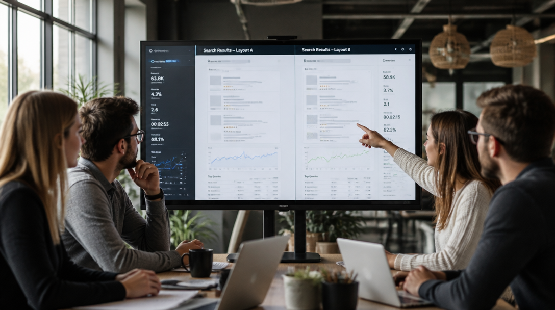 a marketing team reviewing search analytics dashboards on a large monitor in a modern office