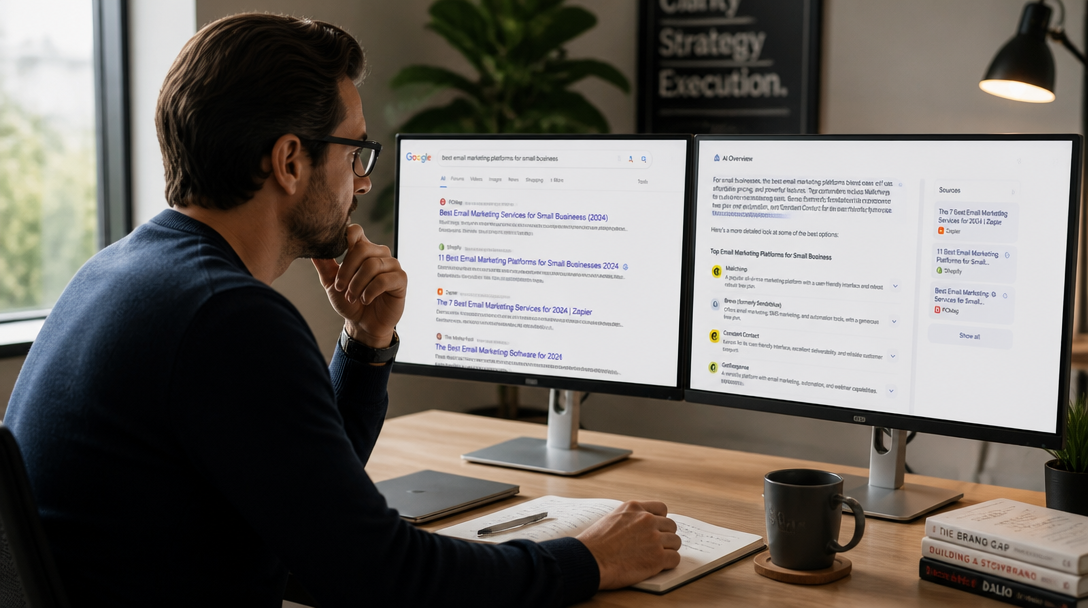 a marketing strategist reviewing dual analytics dashboards comparing organic search rankings and AI-generated answer panels