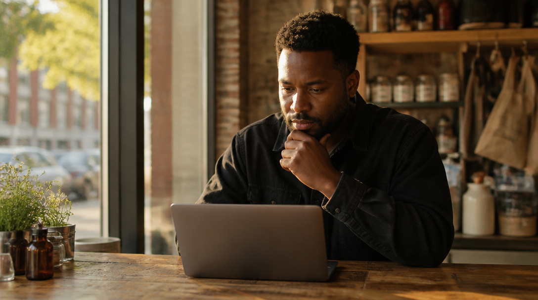 a small business owner studying a laptop screen at a storefront counter