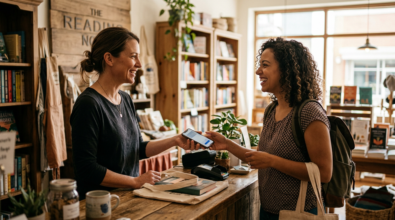 a small business owner showing a smartphone to a smiling customer at a store counter