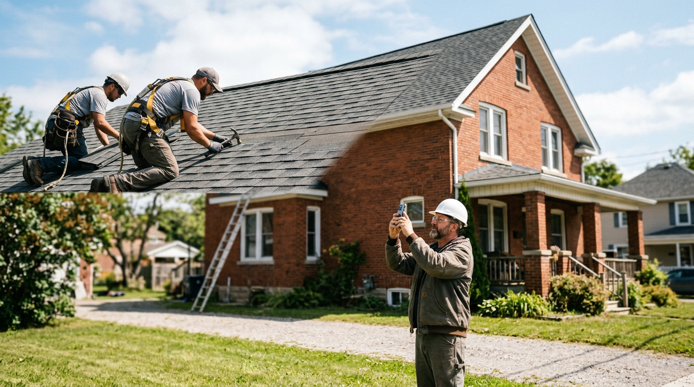a roofing crew laying shingles on a steep gable roof while a foreman photographs the ridge from the yard for seo for roofers