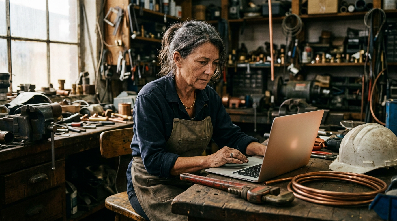 a small business owner checking a blurred campaign screen on a laptop at a workbench, pipe wrench beside her for google ads for plumbers