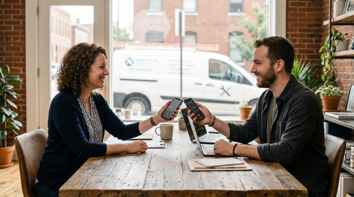 Two business owners at an office table comparing inbound customer calls on their phones for local service ads vs google ads
