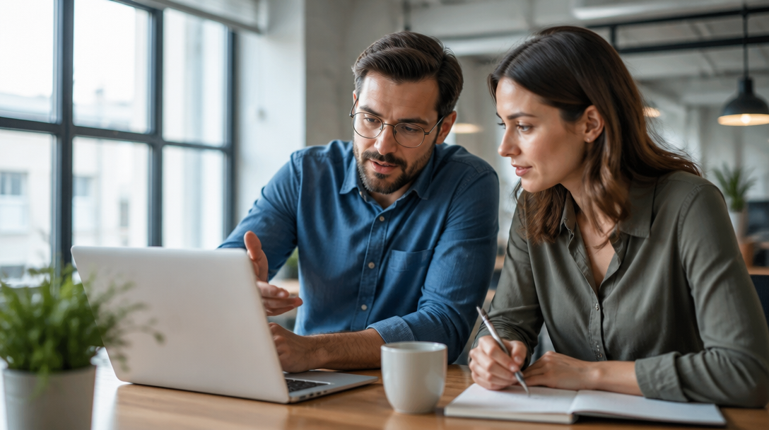 Marketers reviewing AI referral traffic patterns two digital marketers discussing website visitor trends over a laptop in a bright modern office