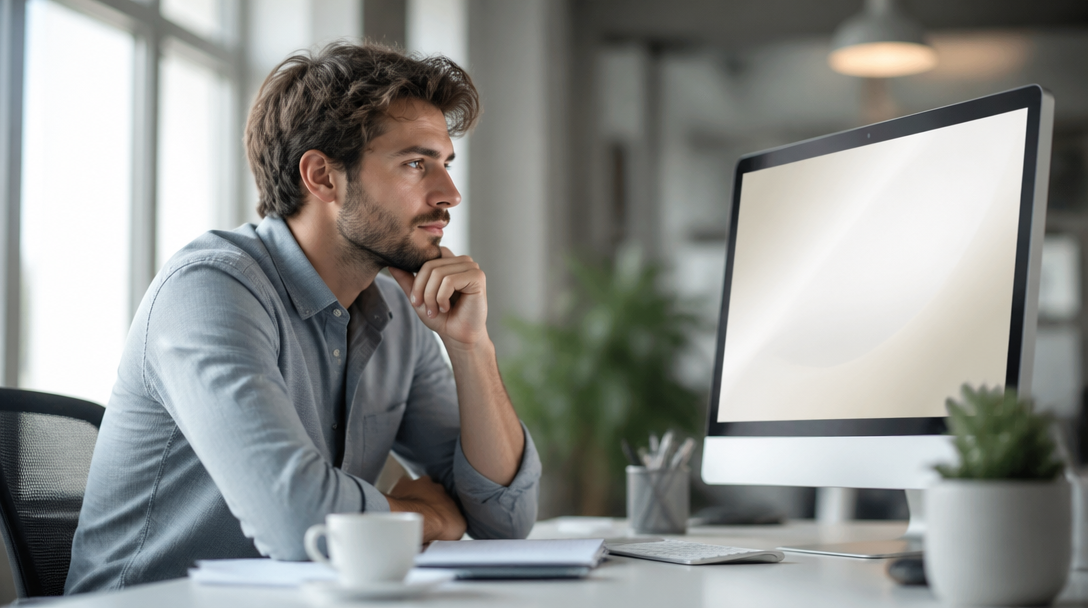 Analyst reviewing referral traffic patterns a marketing analyst studying a glowing monitor at a bright office desk