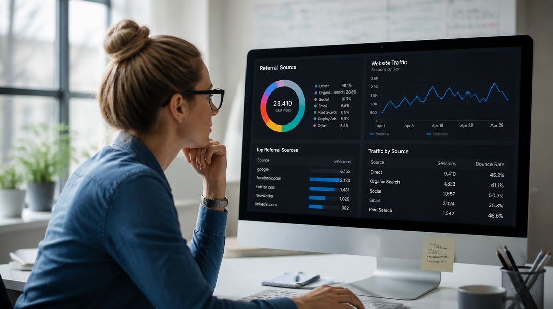 Reviewing referral traffic sources in GA4 a marketing analyst reviewing website referral source breakdowns on a large office monitor