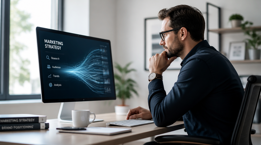 Marketer reviewing AI answer engine visibility a marketing strategist studying a softly glowing monitor in a modern office for generative engine optimization explained