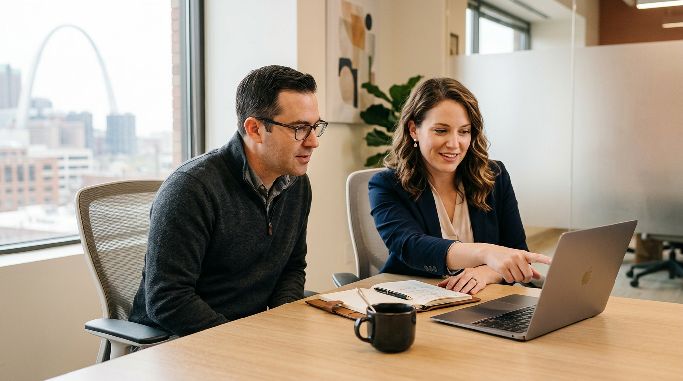 Two strategists tracing a lead back to its source two strategists at a conference table studying a laptop screen angled away from the camera in a sunlit meeting room for local seo reporting