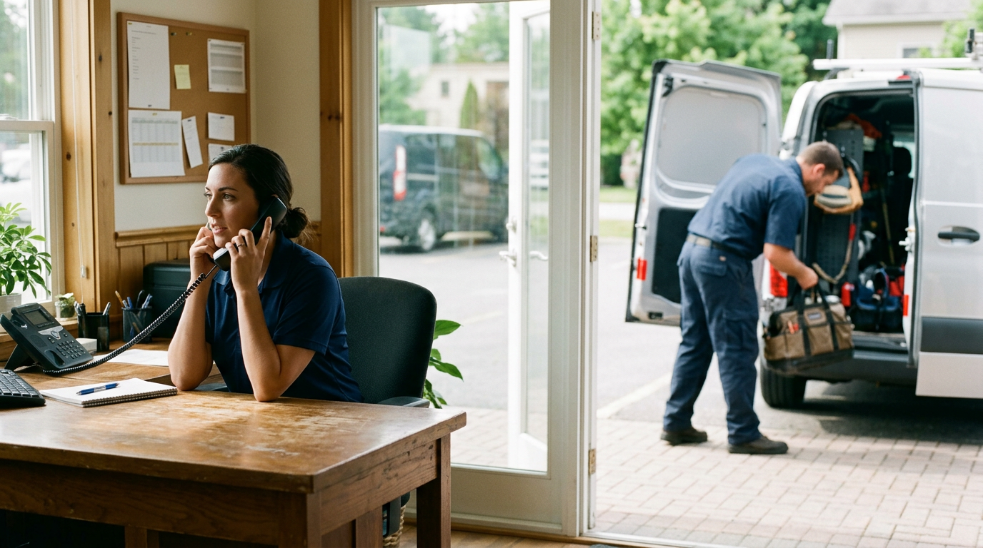 A coordinator answering a phone at a desk while a technician loads a tool bag into a work van outside for how to get HVAC leads